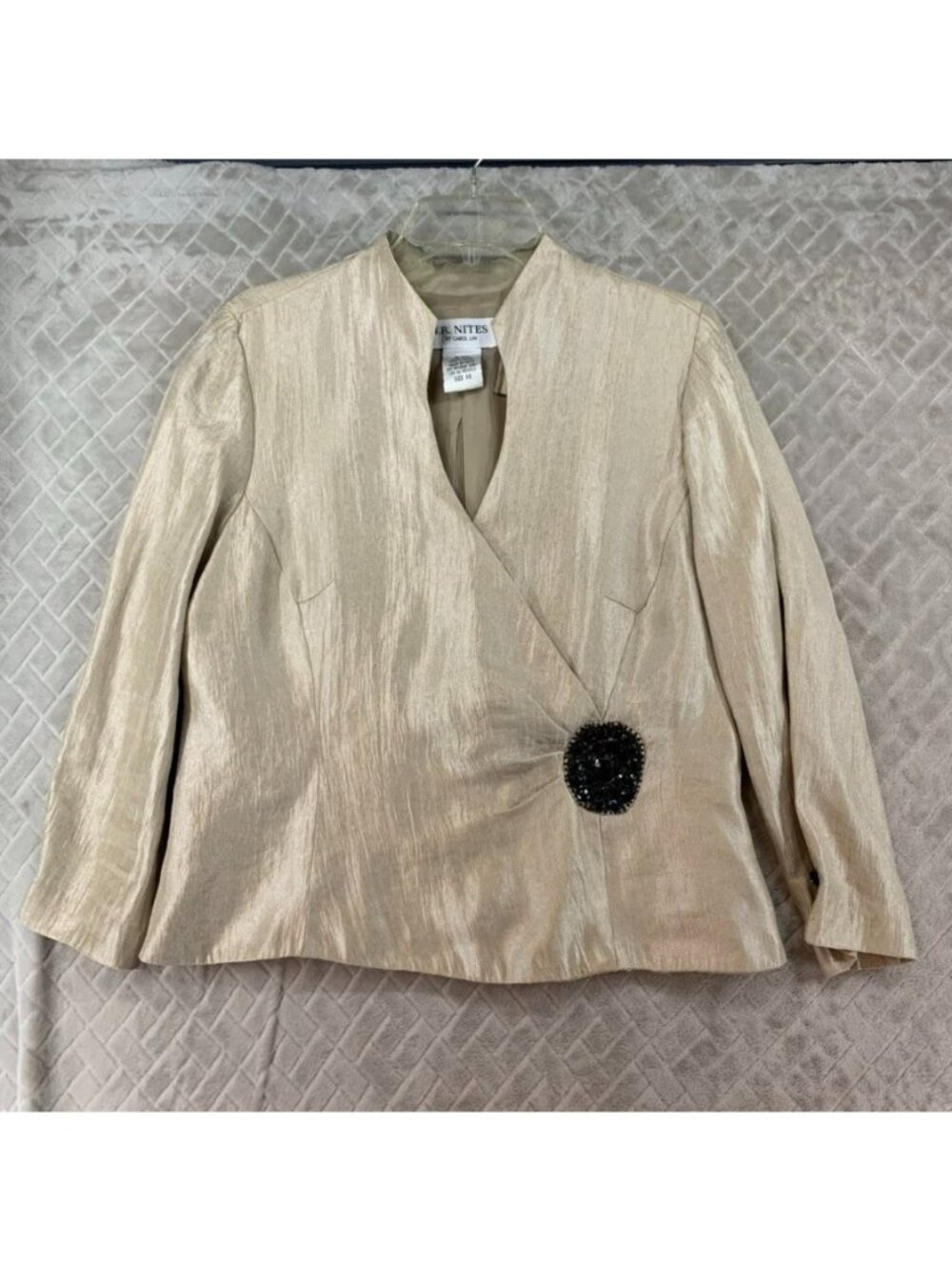 JR Nites Carol Lin Blouse Womens 14 Beige Shiny Rhinestone V Neck Formal Church